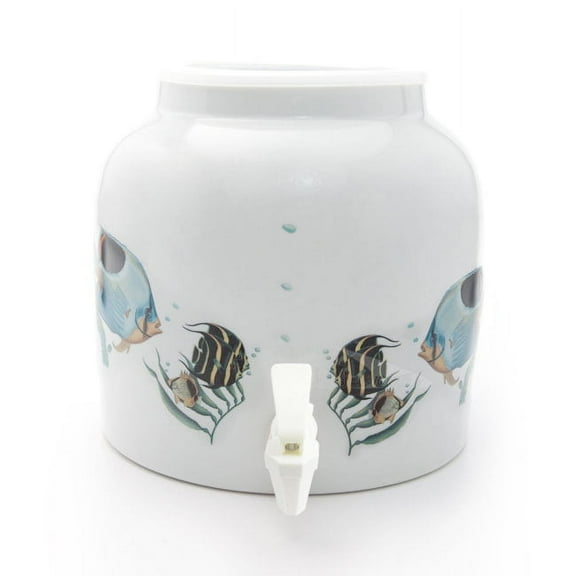 Tropical Fishes Porcelain Water Beverage Dispenser Crock - 2.2 Gallons | Lead Free