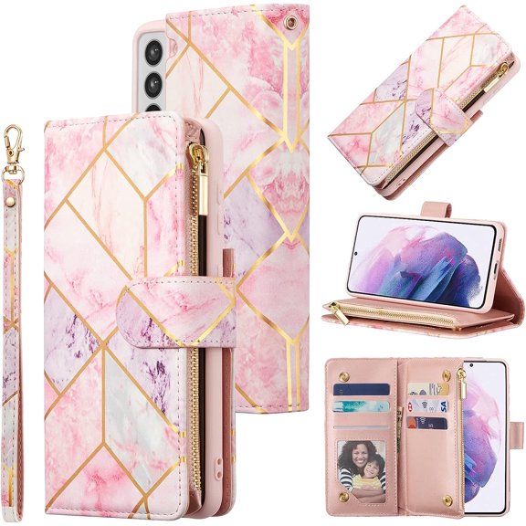 Wallet Case for Samsung Galaxy S21 Plus, Premium Vintage PU Leather Magnetic Closure Handbag Zipper Pocket Case Kickstand Card Holder Slots with Wrist Strap Flip Case - Pink&Purple