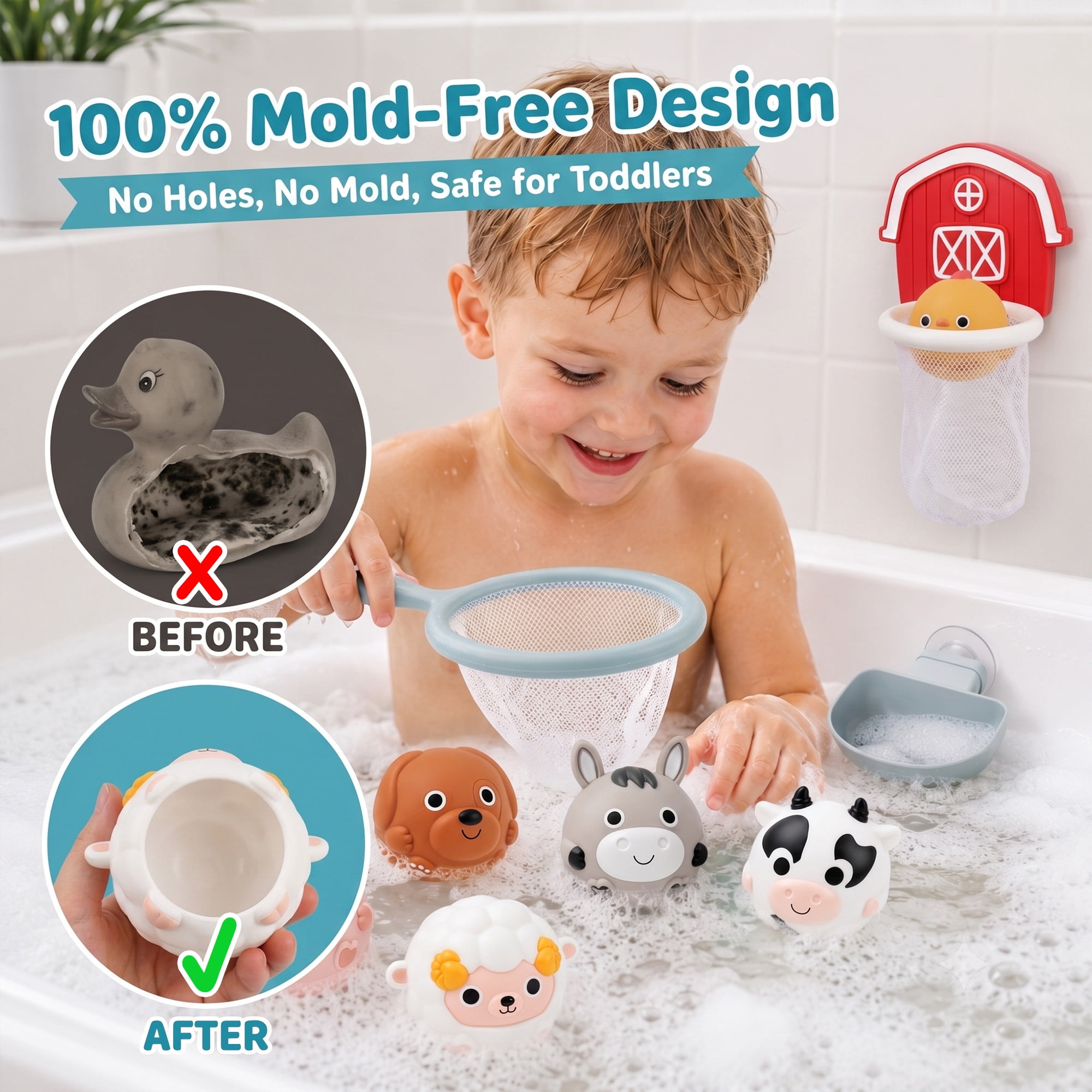10-Piece No-Hole Farm Bath Toys for Toddlers 1-3, Bathtub Slide with Basketball Hoop and 6 Animals, Mold Free Easy Clean Baby Bath Toy Gifts