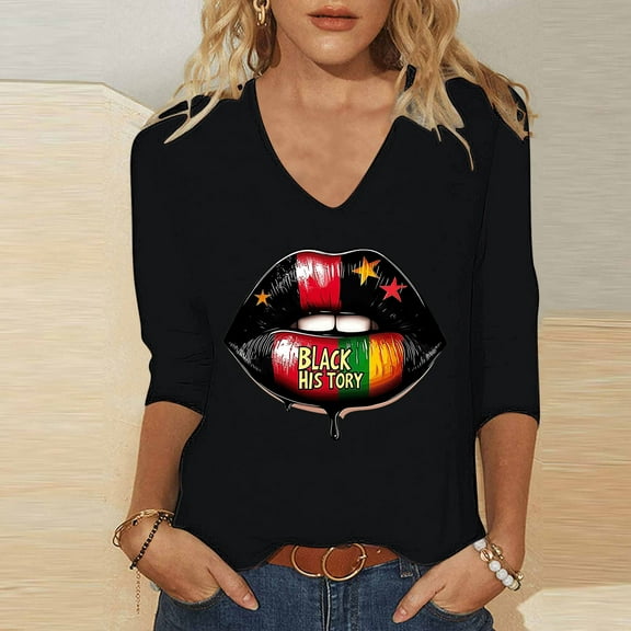 absuyy Tops for Women Black Casual Printed 3/4 Sleeve Holiday Spring Summer V Neck Black Top Blouse Size M