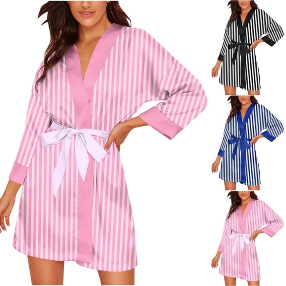 Naittoop Women Satin Robe Ladies Silk Stripe Bathrobe Dressing Gown V-Neck Long Sleeve Belted Short Robes for Bride Bridesmaids