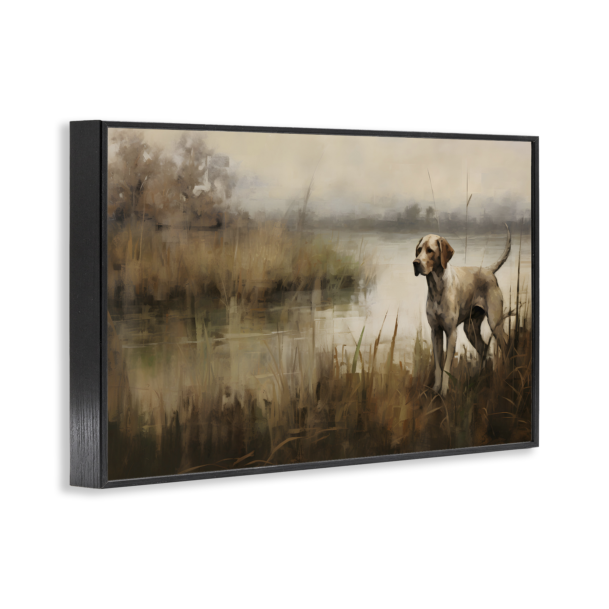 Stupell Industries Hunting Dog in Nature Landscape Painting Black Framed Art Print Wall Art, 24 x 16