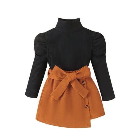 

OAUP 3PCS Infant Toddler Girls Outfit Sets Spring Long Sleeve Ribbed Solid Color Tops Skirt Belt Outfits Clothes Set Winter Casual Trendy Outfit 6M-4Y