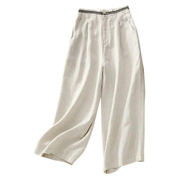 Dasayo High Rise Women Pants Pleated Beige Wide-Leg Cotton Linen Trousers Vintage Curvy Fit Solid Outfits Women Capris L