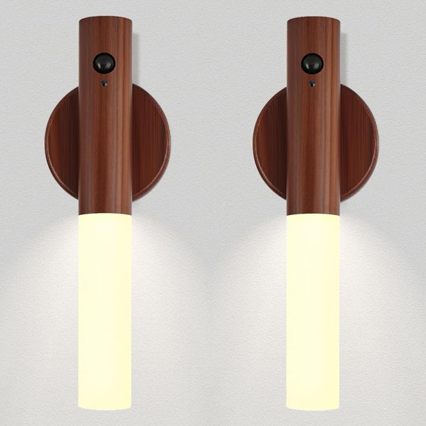 Luz LED nocturna LANDGOO para guardería con sensor de movimiento, madera de nogal