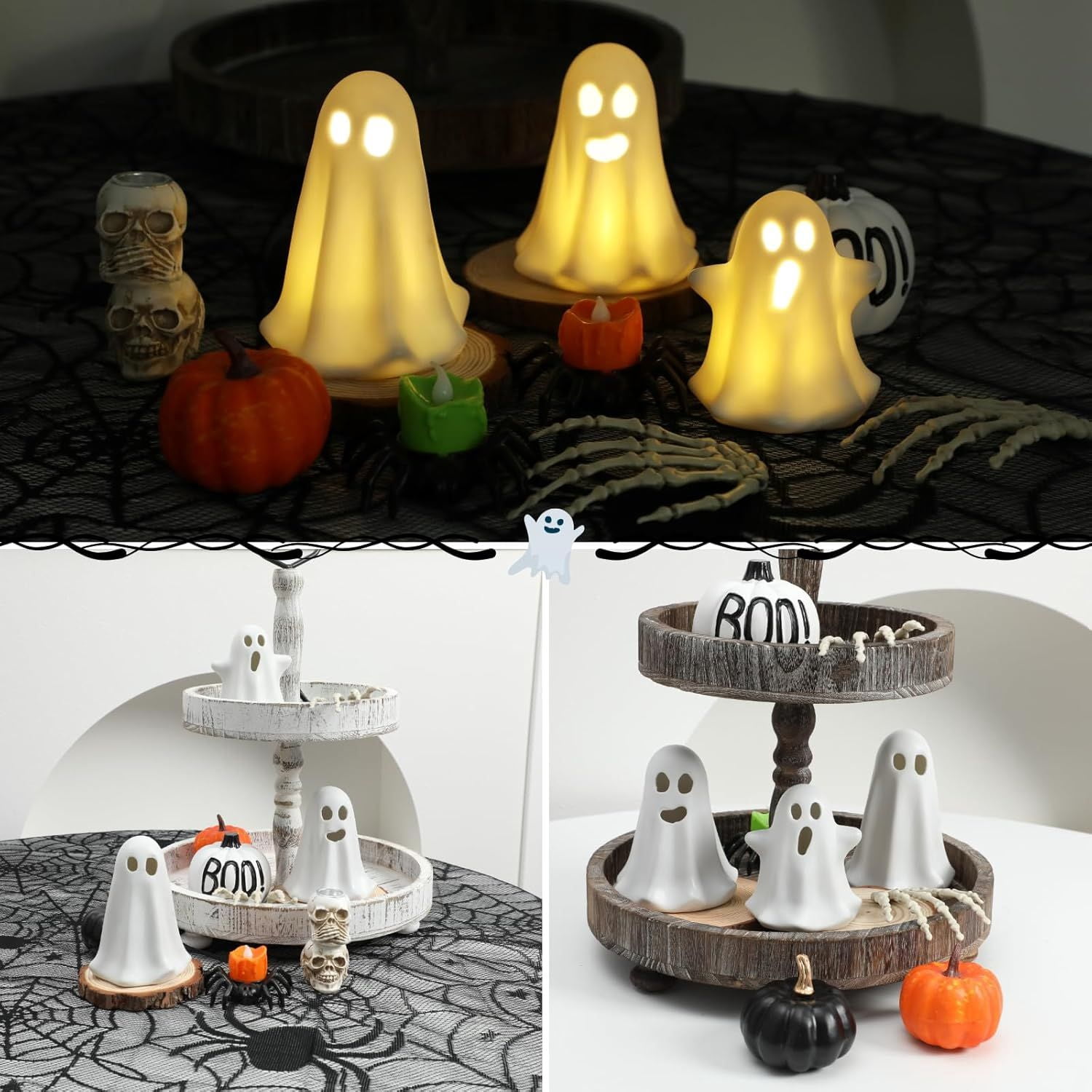 3 Pack Light Up Ceramic Ghost Figurines with Warm Glow for Halloween Decor