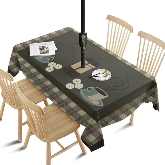 Outdoor Coffee with Scotch Plaid Tablecloth with Umbrella Hole and Zipper,Rectangle Waterproof Wrinkle Free Table Cloth Decorative Fabric Washable Table Cover for Patio, Party, Picnic 60 X 84 Inch