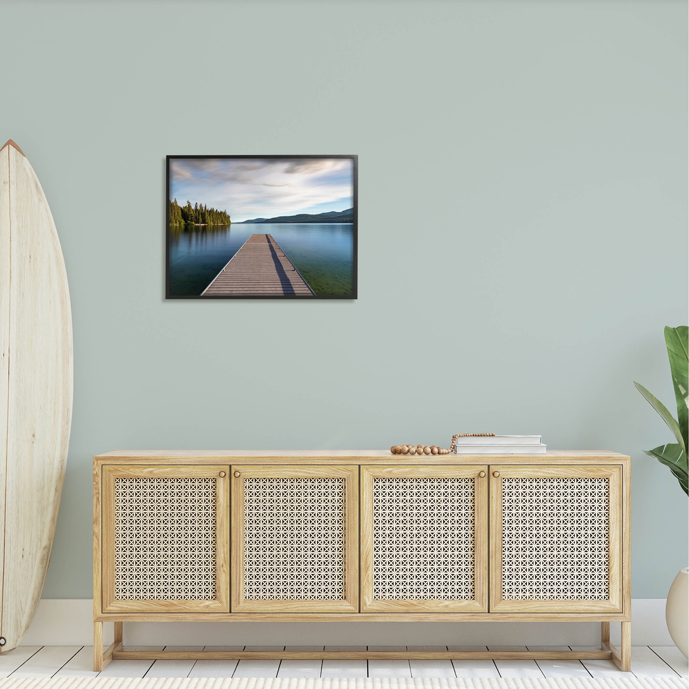Soothing Lake Dock Mountains Landscape Photograph Black Framed Art Print Wall Art