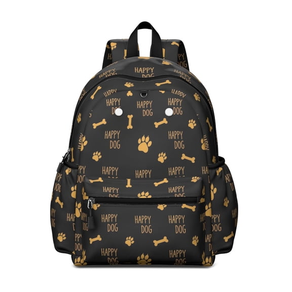 Dog Paw Print and Bone Black Backpack for School, Cute School Bag with Adjustable Shoulder Straps and Padded Back, 13.4"x11"x4.7"
