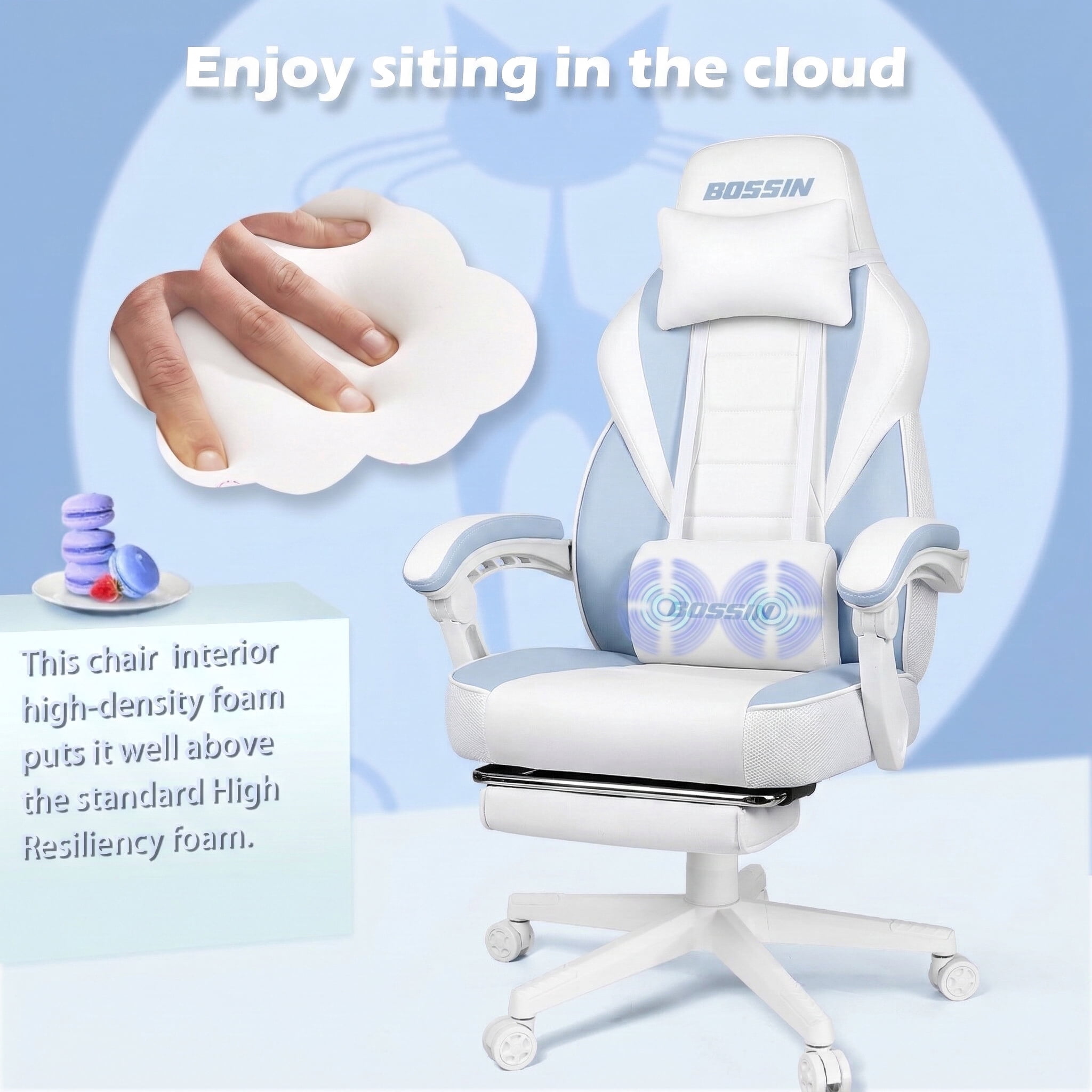 Bossin Gaming Chairs with Footrest,Massage Leather Game Chair for Adults,Big and Tall Gamer Chair with Headrest and Lumbar Support