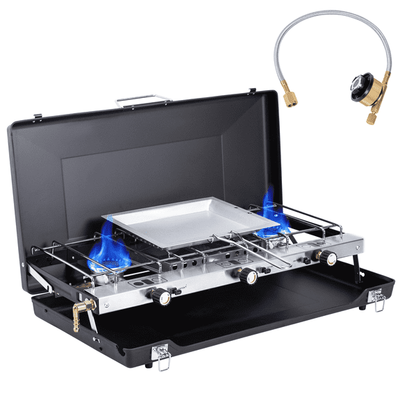 SaveJoy Gas Grill, 3 Burner Camping Stove Propane Cooker for Outdoor, Case BBQ Grill w/ Hose Tank Adapter