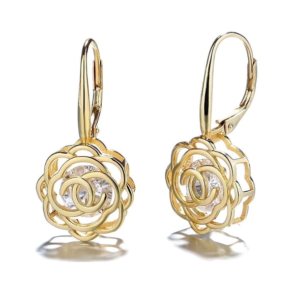 Amy and Annette 14K Yellow Gold Plated Caged with Crystals Rose Lever Back Earrings