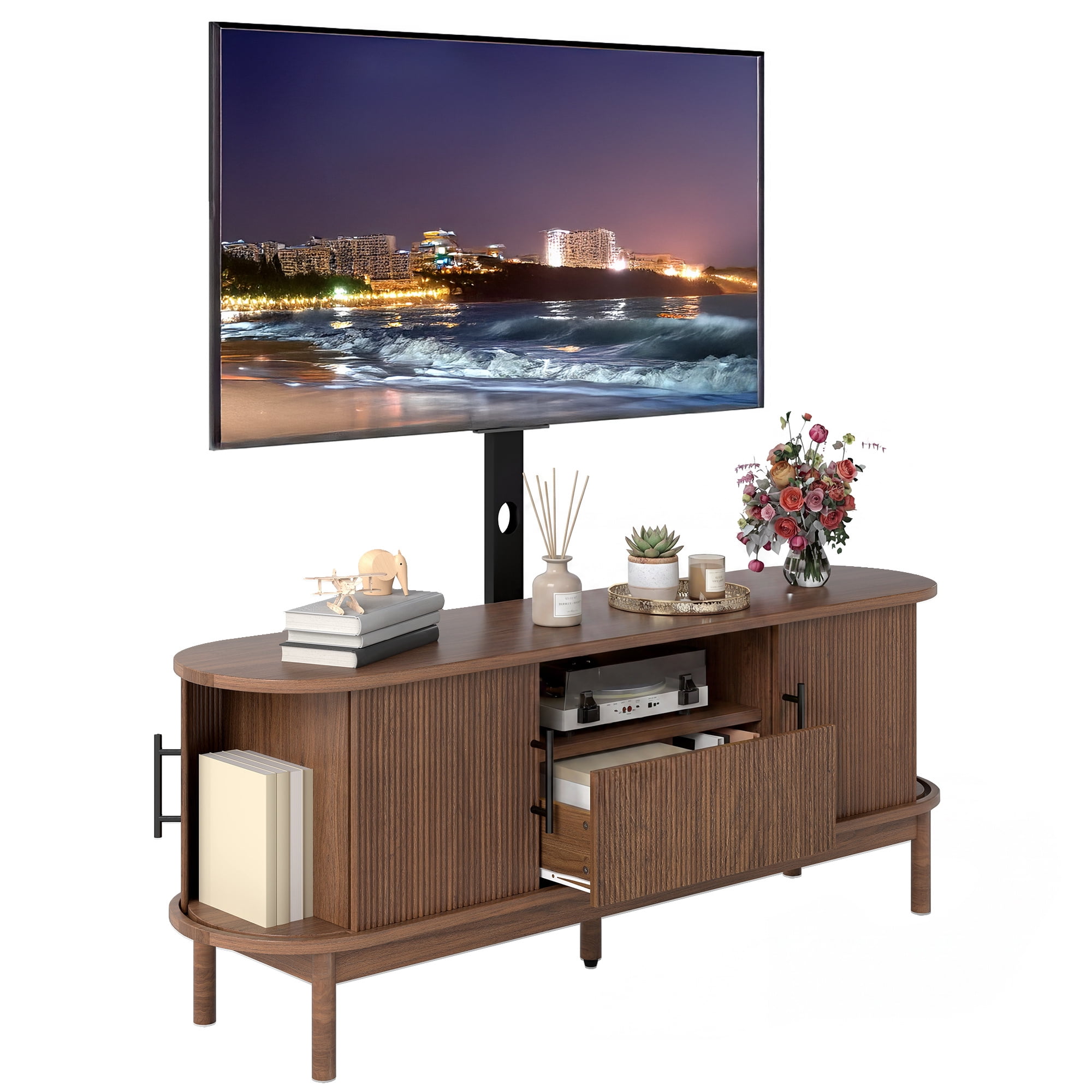 Uforic 60 Inch Walnut Fluted TV Stand with Adjustable TV Mount, Doors & Storage Drawer, Fits 32-70 Inch TVs for Living Room, Walnut