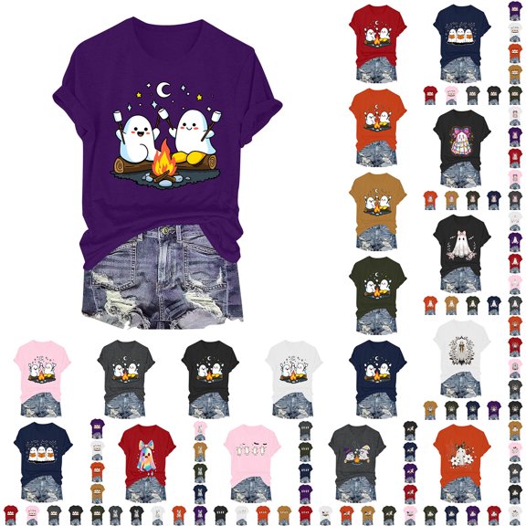 Towmus Women Halloween T-Shirt Cute Ghost Graphic Fall Shirt Pumpkin Tees Short Sleeve Tops