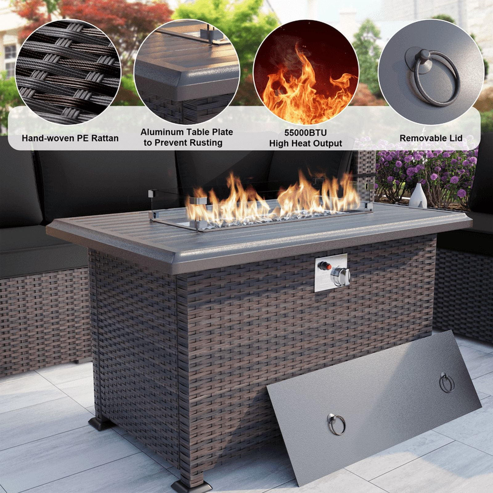 ALAULM Patio Conversation Set, 13 Piece Weave Rattan Outdoor Conversation Sets with Gas Fire Pit Table, Black