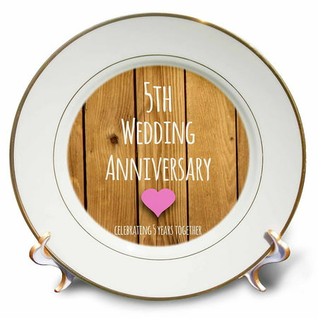 3dRose 5th Wedding Anniversary gift - Wood celebrating 5 years together - fifth anniversaries five yrs, Porcelain Plate,