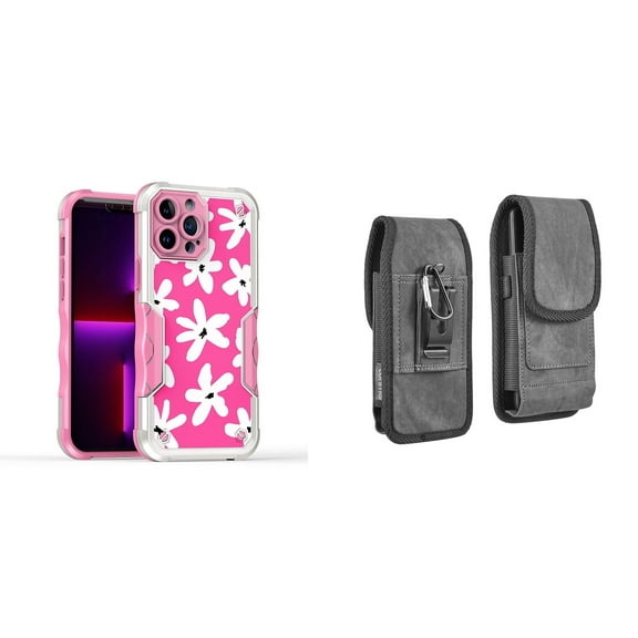 Case and Pouch Bundle for iPhone 14: Heavy Duty Armor Rugged Case (White Flowers on Pink) and Vertical Rugged Denim Nylon Belt Holster