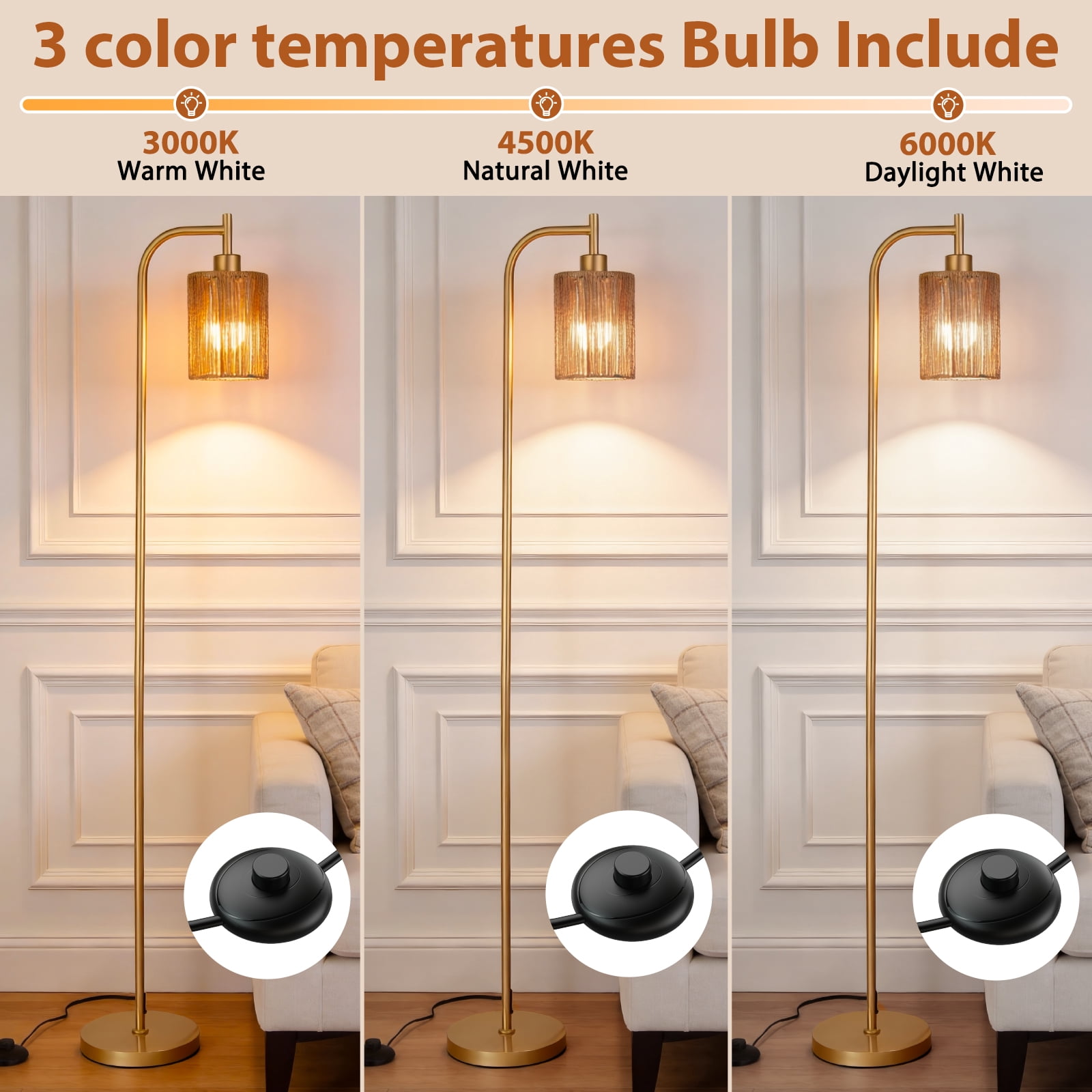 Floor Lamps for Living Room,3-Way Dimmable Standing Lamps with White Linen Shade,60" Vintage Tall Pole Light for Reading, Bedroom,Bulb Included