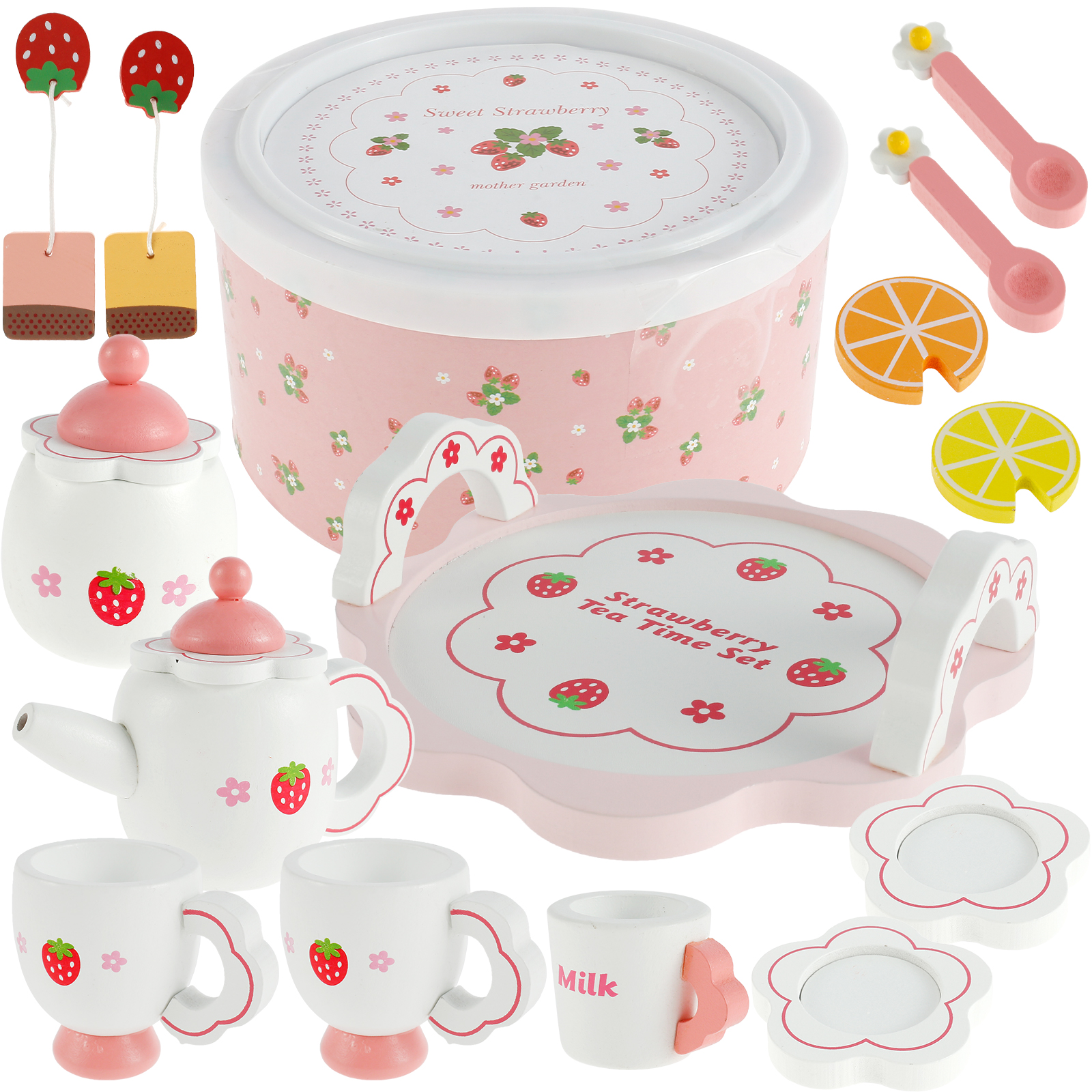 Keyohome 13PCS Wooden Tea Set for Kids Pretend Play Wooden Game Set