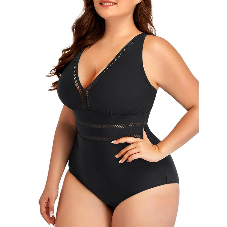 Chama Plus Size One Piece V-neck Swimsuit for Women Hollow Out Bathing  Suits Tummy Control Swimwear Set 