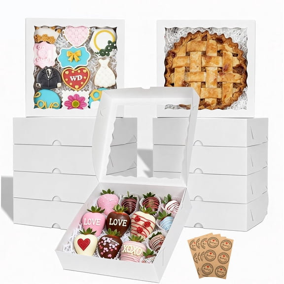 15 PCS Pie Boxes, 9 x 9 x 2.5 Inches Bakery Boxes with Window & Stickers, Cookie Boxes White Treat Boxes for Chocolate Strawberries, Pastries, Muffins, Donuts