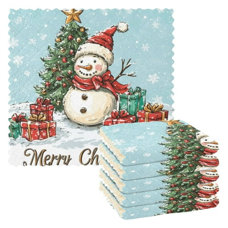 

6 Pieces of Kitchen Towels 11x11Inch Kitchen Dish Cloths Kitchen Dish Towels Reuseable Cleaning Cloths Christmas Cartoon Snowman Picture