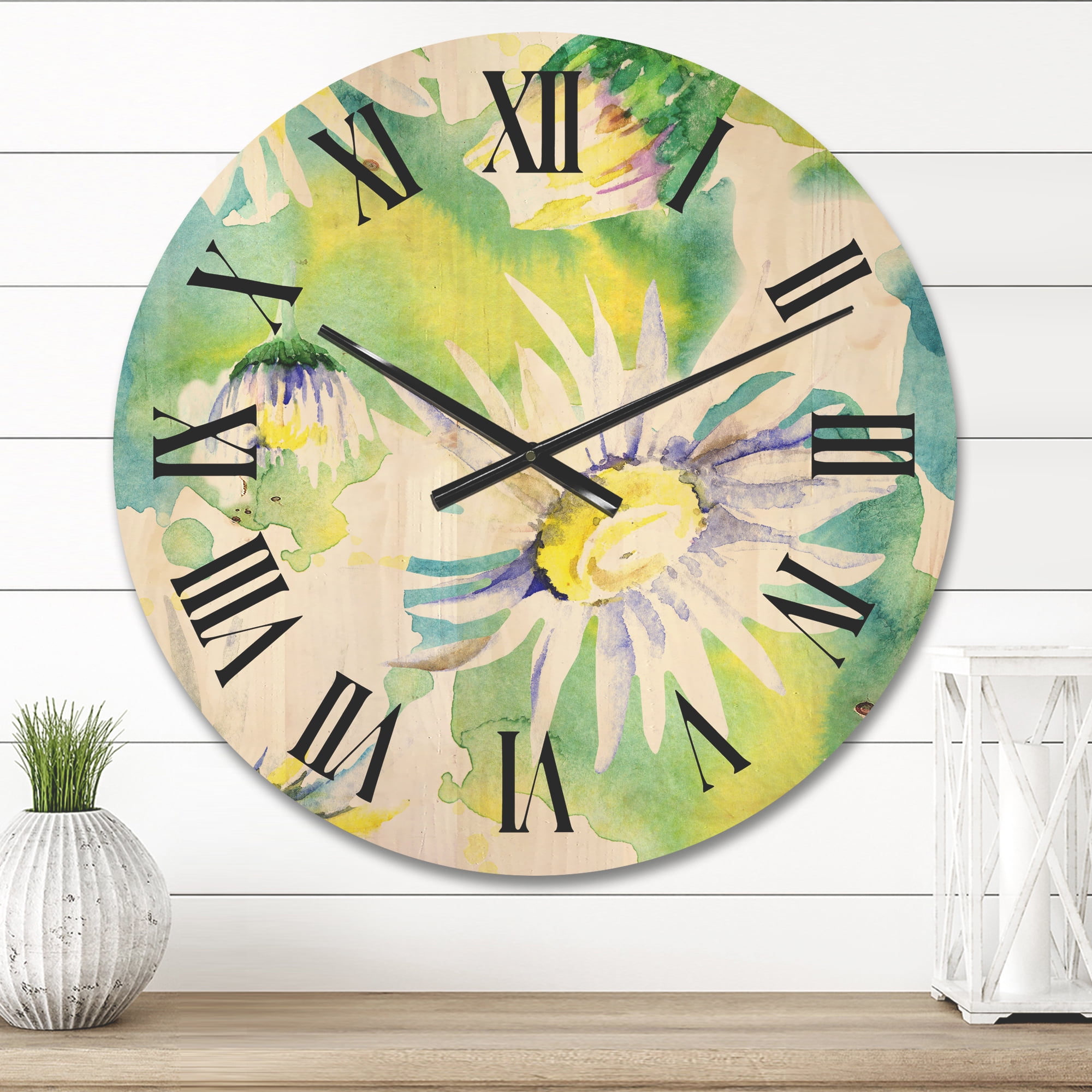 Designart 'Aquarelle Impression of Daisy Flowers II' Traditional Wood Wall Clock