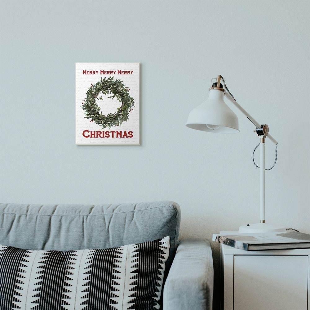 Stupell Industries Merry Christmas Wreath Holiday Word Design Wood Wall Art By Artist Lettered and Lined