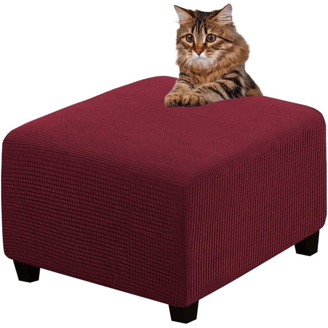 Ottoman Cover Slipcovers Square Fit Length 13"-44" Footrest, Stool Covers, Ottoman Protector Cover, Footstool Covers with Stretch Thick Checked with Elastic Bottom, Removable Washable(Burgundy,L(57-66