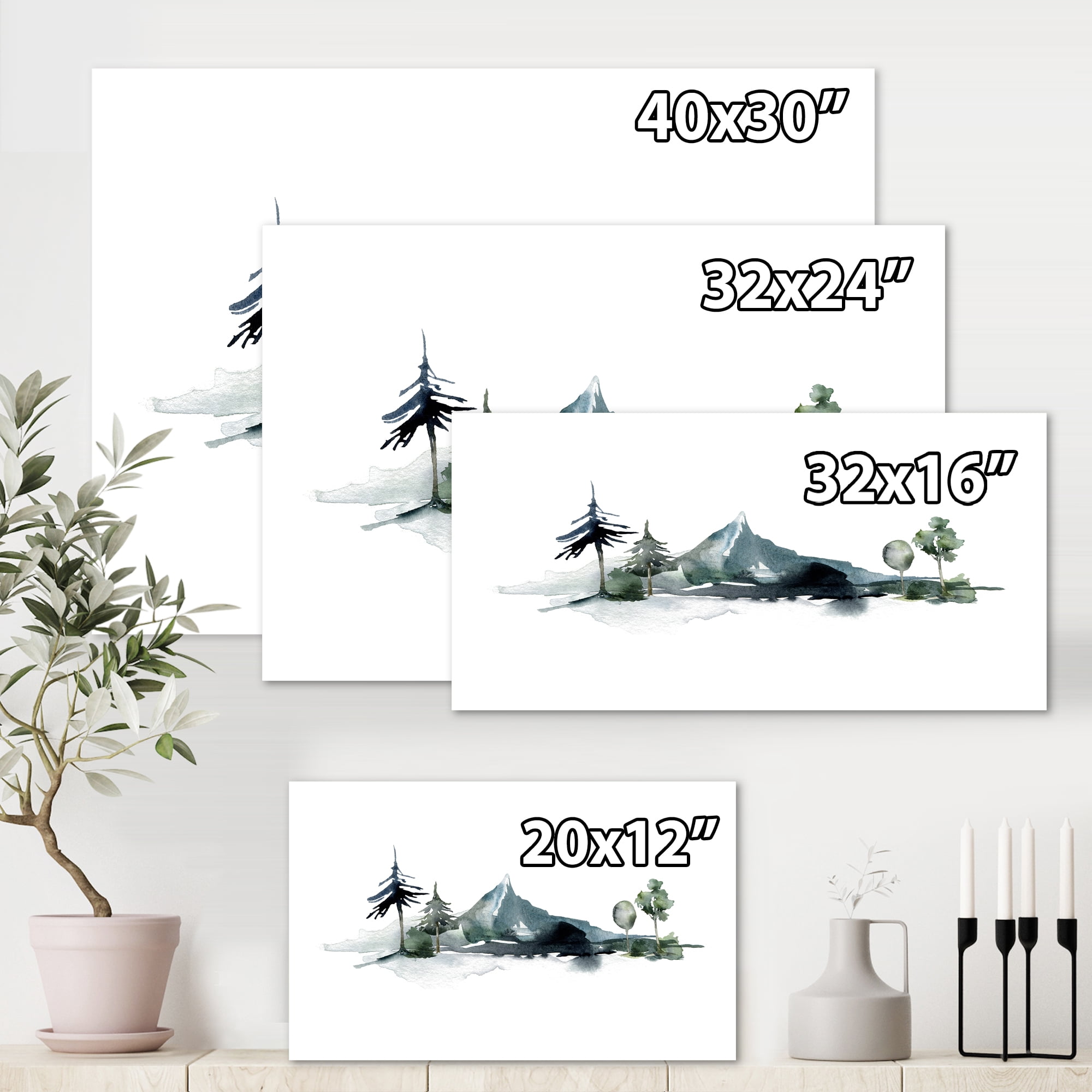 Designart ' Minimalistic Fir Forest and Winter Mountains II ' Modern Canvas Wall Art Print