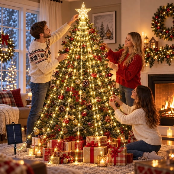 MInHoues 6.6Ft Christmas Tree Lights with Star Topper, Warm White LED Waterfall String Lights, 8 Modes Christmas Tree Topper Lights for Xmas Tree Indoor Outdoor Holiday Decor