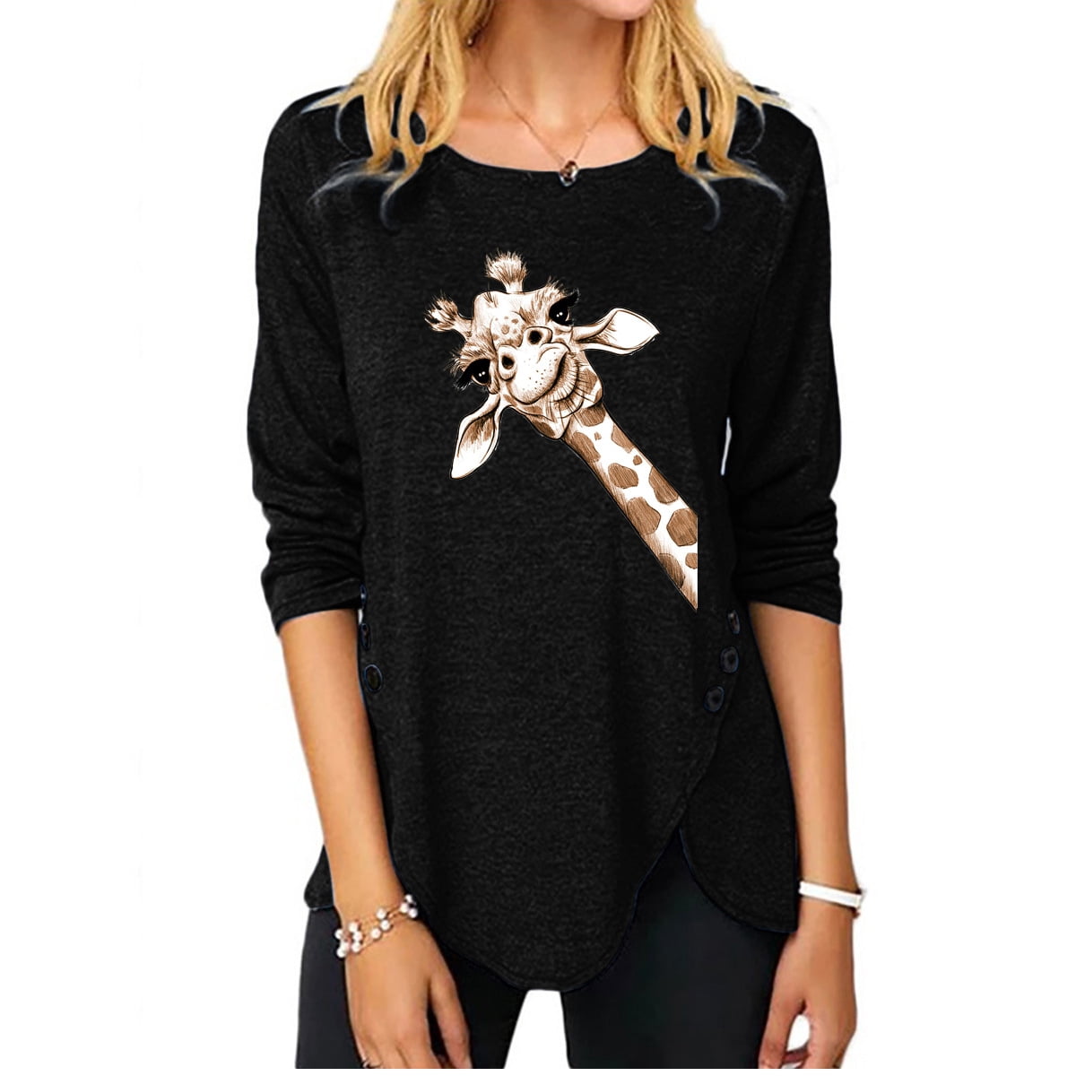 Women's Irregular Button Long Sleeve Round Neck Print T-shirt