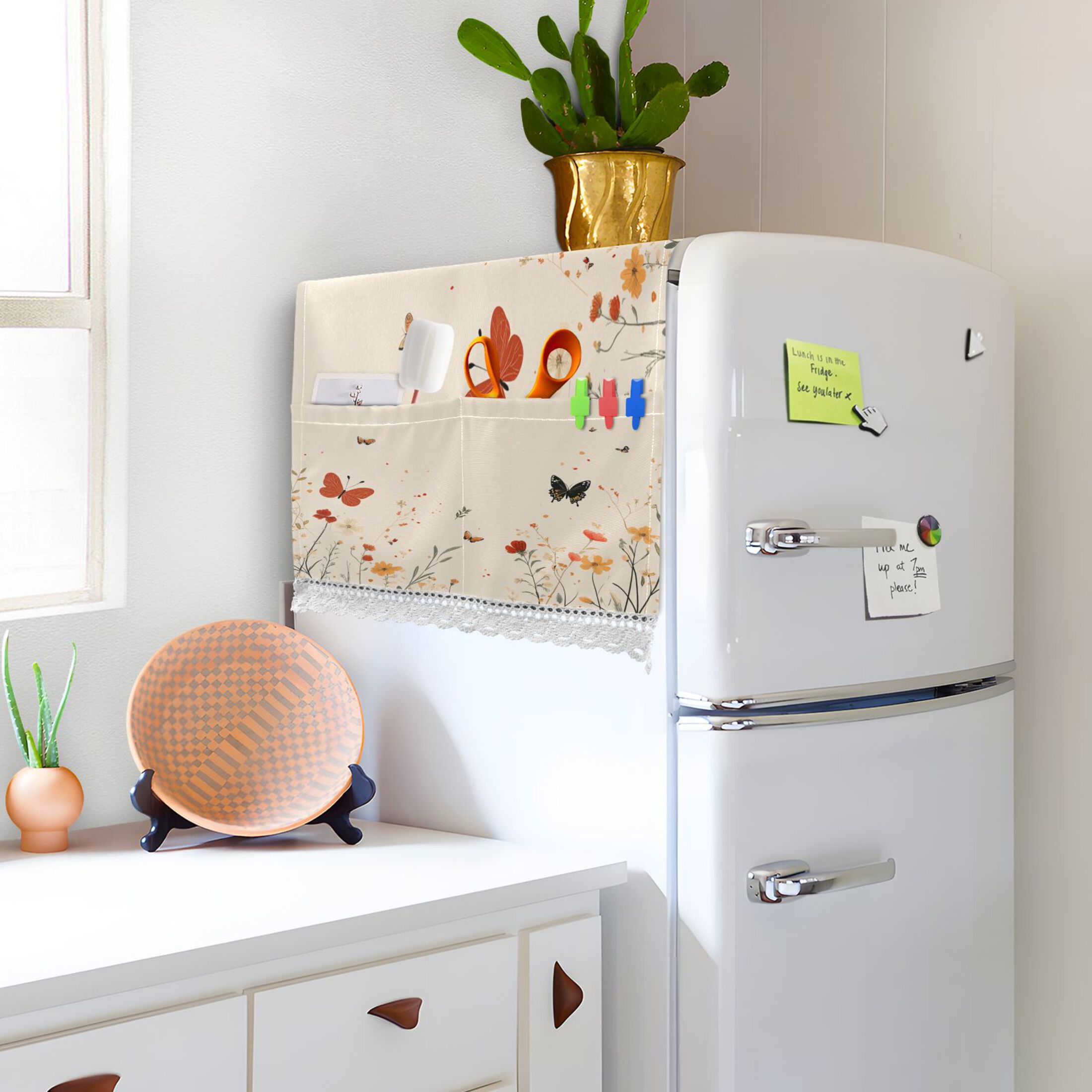 Butterflies on A Beige BackgroundWasher and Dryer Covers Dust-Proof and Oil Resistant Fridge Cover with 4 Storage Pockets Washing Machine Top Cover for Laundry Kitchen Home 51.2 x 22 In