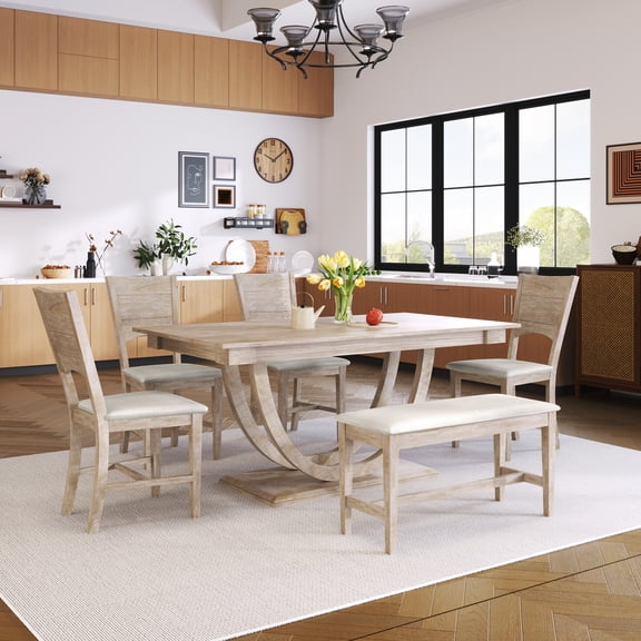 Llinc Store 6-Piece Wood Half Round Dining Table Set Kitchen Table Set with Long Bench and 4 Dining Chairs Modern Style Natural