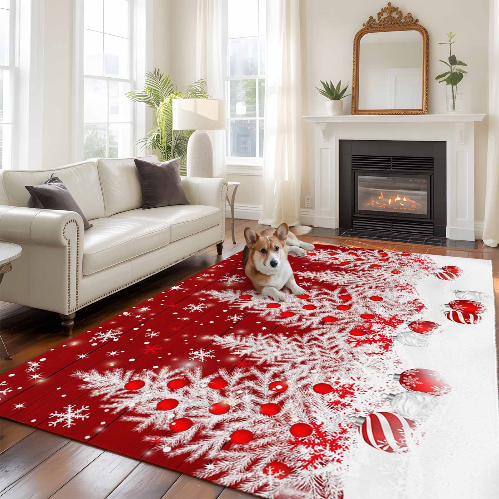 6x9 Area Rugs for Living Room, Red Christmas Non Slip Area Rugs for Kitchen Bedroom Entryway, Snowflake Xmas Tree Ball Wooden Winter Washable Carpet Runner Rug Floor Mats for Bedroom Home Decor