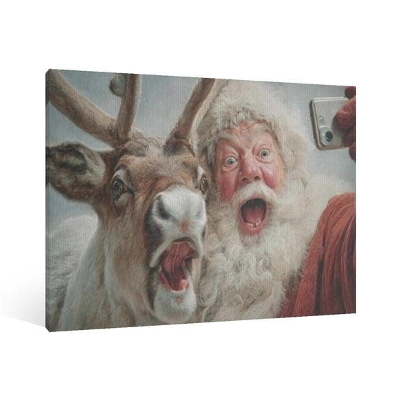 Vintage Christmas Funny Santa Claus and Elk Wall Art Paint - Retro Xmas Festive Winter Holiday Christmas Wall Decor Canvas for Living Room Kitchen Bathroom Home Bedroom Decor Framed