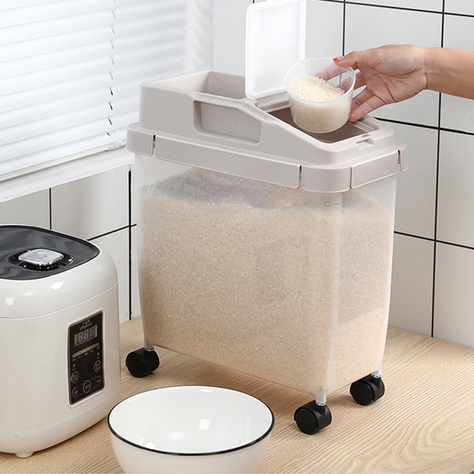 Bdday Kitchen Storage Large Airtight 20lb Rice Container, Food Storage Cereal Container, Pet Dog Food Container with Wheels + Measuring Cup, Flour Grain Container for Household Dorm Room Storage