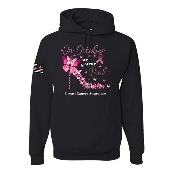 Wild Bobby In October We Wear Pink Diamond Heel US Flag Breast Cancer Awareness Unisex Hoodie Sweatshirt, Black, Small