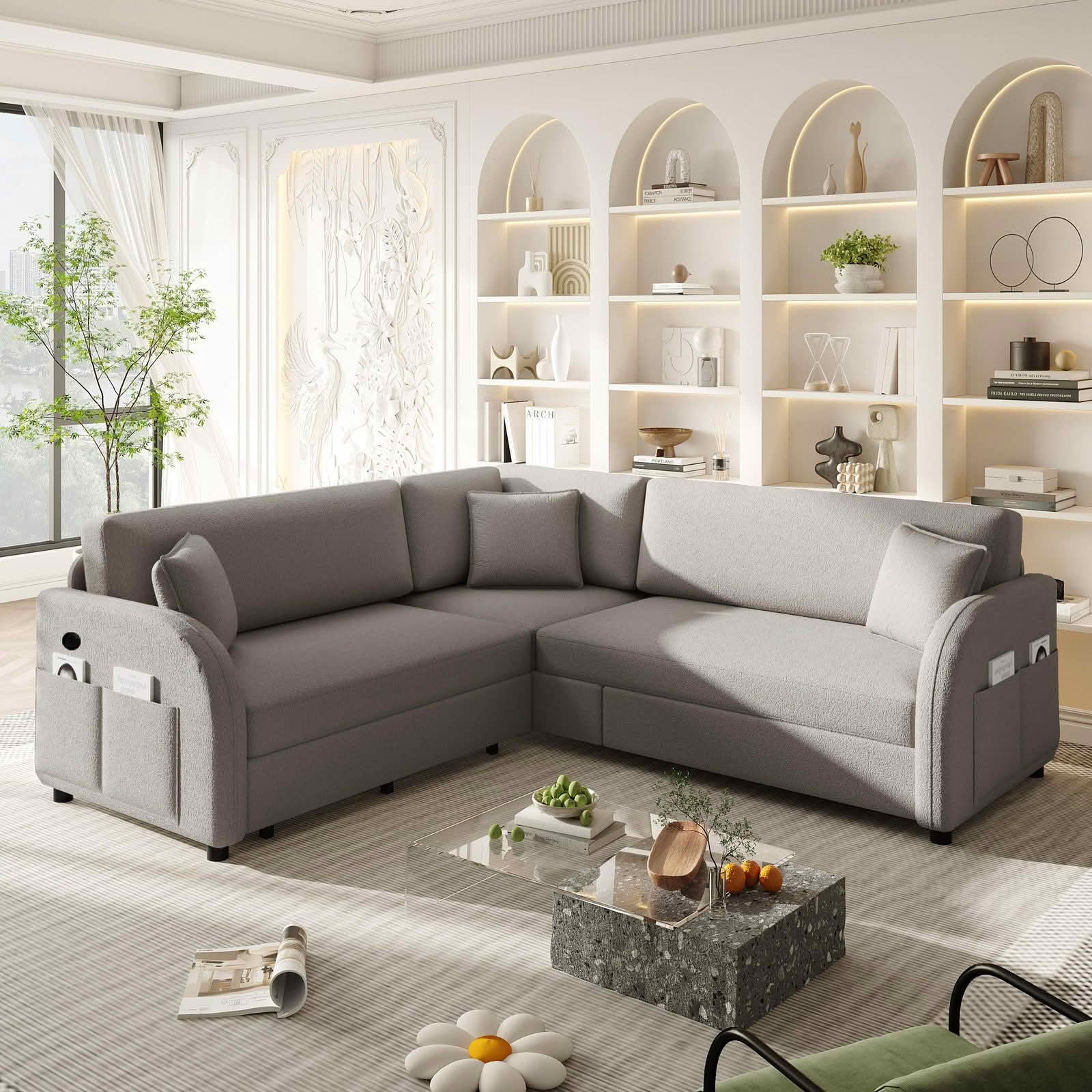 MAYEERTY 85.1" L‑Shaped Convertible Sleeper Sofa Bed, Sherpa Fleece Sectional Couch with Pull‑Out Bed, Side Pocket and USB Port