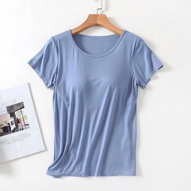 Camiseta ajustada de una pieza con sujetador para mujer, Tops con almohadilla para el pecho, camisetas de fondo para dormir de verano, ropa de casa