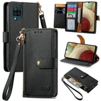Wallet Case for Samsung Galaxy A12 5G Women Men, Durable PU Leather Magnetic Flip Lanyard Strap Wristlet Zipper Card Holder Kickstand Wallet Phone Case Cover Full Body Protection, Black