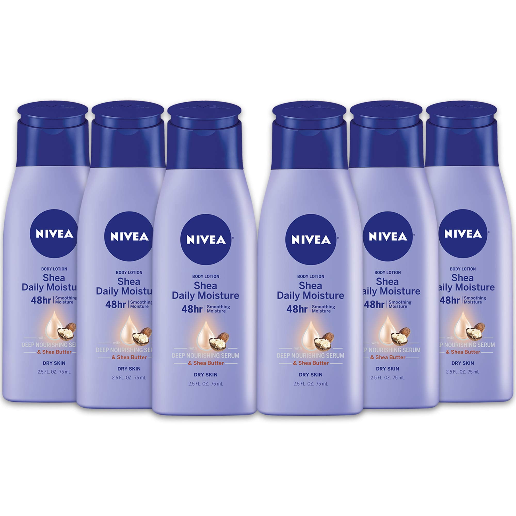 NIVEA Shea Nourish Body Lotion, Dry Skin Lotion with Shea Butter, Pack of 6, 2.5 Fl Oz Travel Size Toiletries