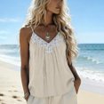 thumbnail image 2 of UDAUDU Women Tank Tops Sleeveless Lace Trim Linen Spaghetti Strap Cami Shirts V Neck Casual Summer Smocked Tops Beige L, 2 of 6