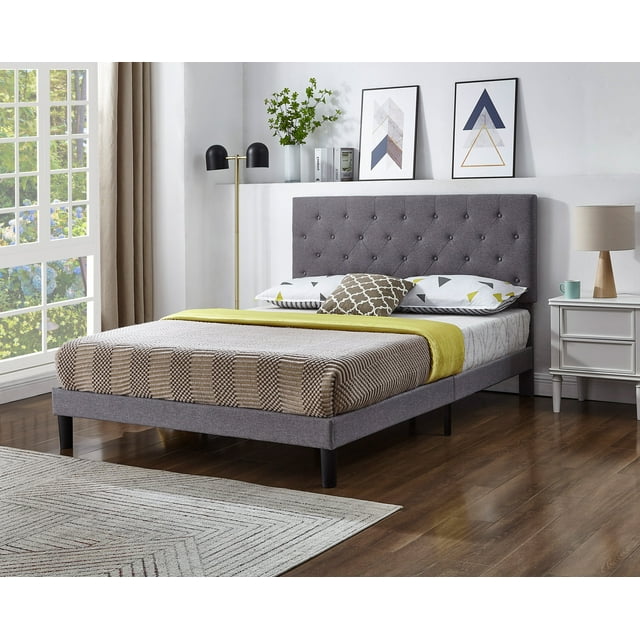 Grey Fabric Bed w Adjustable Headboard w Button Tufting - Full
