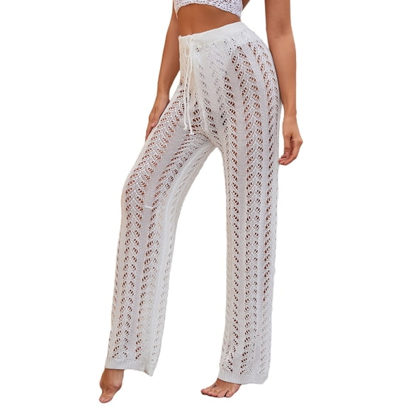 Aunavey Womens Crochet Net Hollow Out Beach Pants Sexy Knit Swimsuit Cover Up Pants