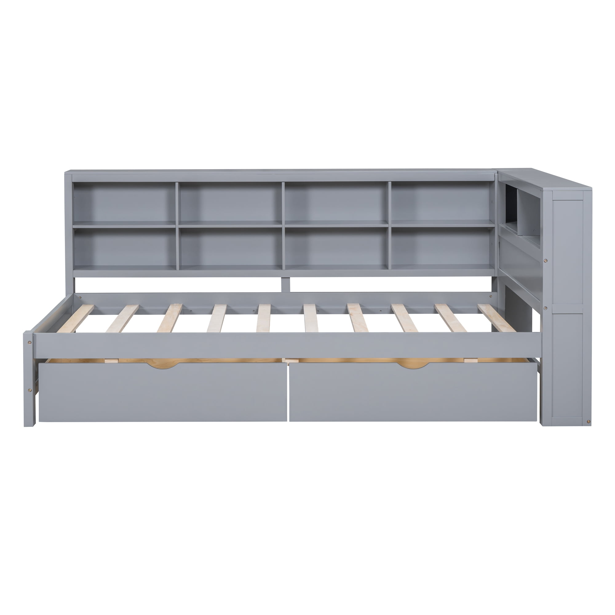 Mintazer Twin Daybed with Storage Headboard & Charging Station, 2 Drawers & Shelves for Kids Bedroom, Grey