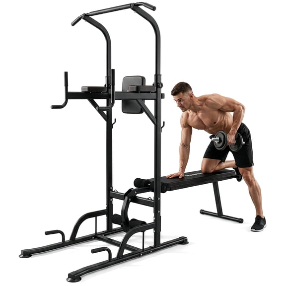 SQUATZ Pull-Up Workout Station with Bench - Multifunctional Gym Equipment Setup w/Pulling Bar, Sit-Up Board, Backrest, Elbow Pad, & Steel Main Frame, Great for Home Exercise and Weight Training