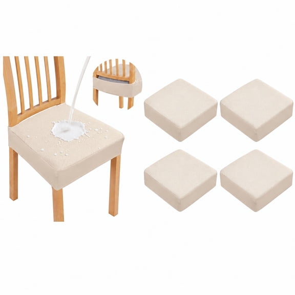 4-Pack Waterproof Chair Covers, Beige TPU Coated Polyester Seat Protectors, Durable Square Slipcovers for Dining Room, Kitchen, Office & Outdoor Use.