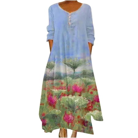 

Dresses for Women Loose Comfy Asymmetrical Hem 3/4 Sleeve Button Long Dress Vintage Retro Baggy Dress Pockets