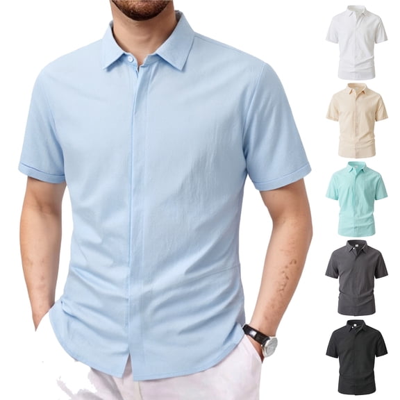 LTTVQM Men's 2026 Casual Button Down Short Sleeve Shirts Summer Beach Wedding Shirt Vacation Cotton Shirts Light Blue XL